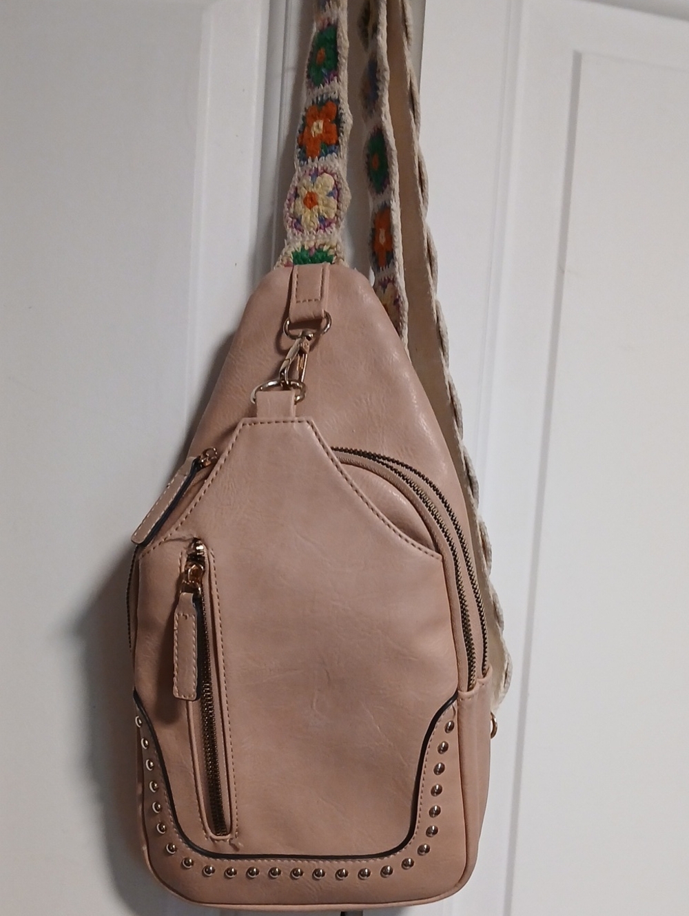 Blush Pink Stud-Trim Crossbody Sling Bag with Embroidered Strap